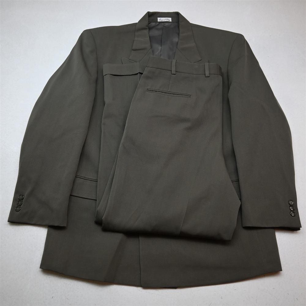 Vtg Mens Double Breasted 42R 36x30 Tan Olive Green 100% Wool Mens Suit